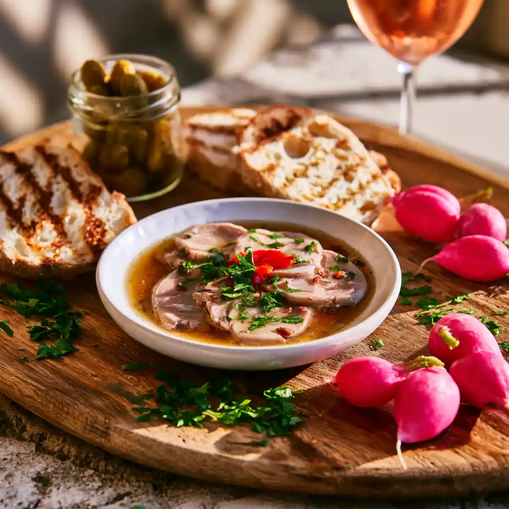Salade de museau à la vinaigrette servie en planche apéritive avec pain de campagne, cornichons et verre de rosé
