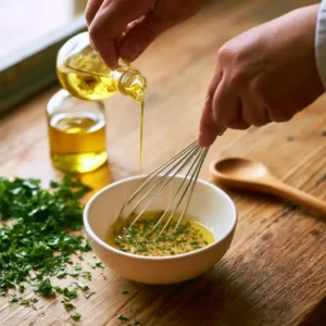 Préparation de la vinaigrette de la salade de museau fouettée dans un bol en céramique blanc