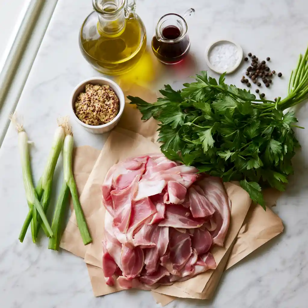Ingrédients de la salade de museau : tranches de museau de porc, oignons nouveaux, persil, moutarde en grains, huile d'olive et vinaigre