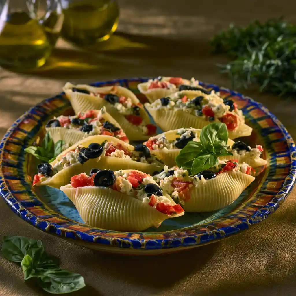 Salade de pâtes froides simple façon tapas, conchiglioni farcis à la feta et aux olives