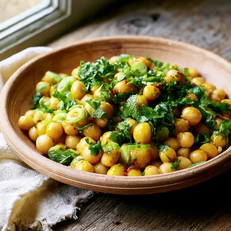 Salade de pois chiche à l'ail dans un saladier en terre cuite, parsemée de coriandre et menthe fraîches