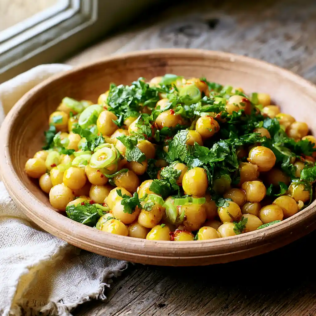 Salade de pois chiche à l'ail dans un saladier en terre cuite, parsemée de coriandre et menthe fraîches