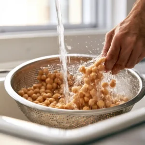 Pois chiches égouttés et rincés à l'eau froide dans une passoire pour la salade de pois chiche