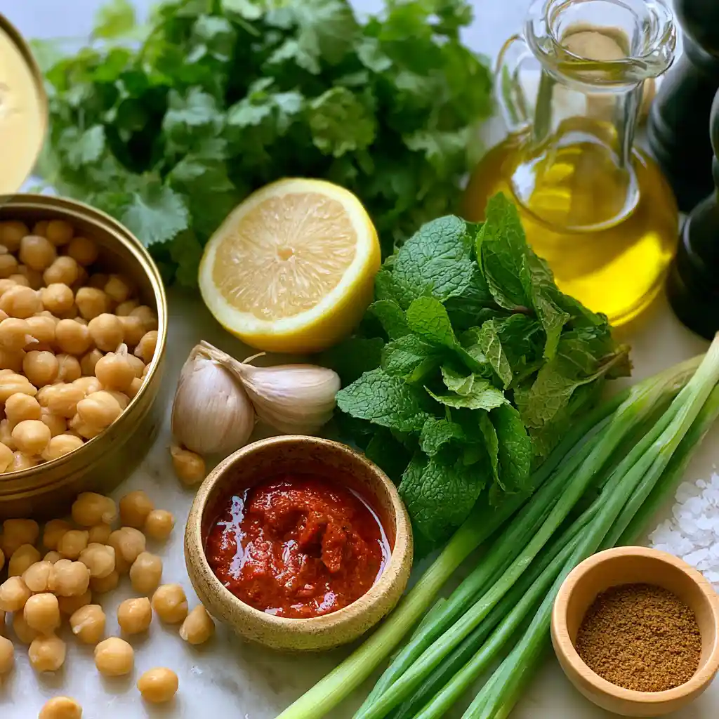Ingrédients de la salade de pois chiche à l'ail disposés en mise en place sur planche en bois