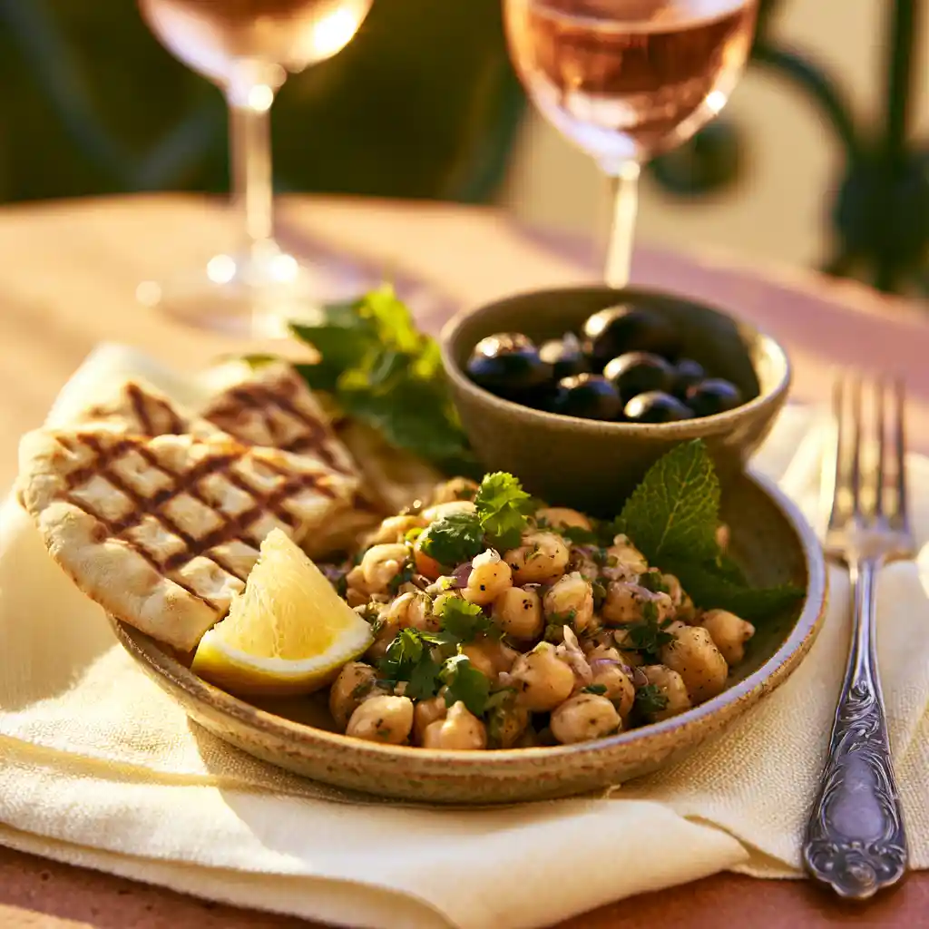Portion de salade de pois chiche servie avec pain pita grillé et olives noires de Nyons