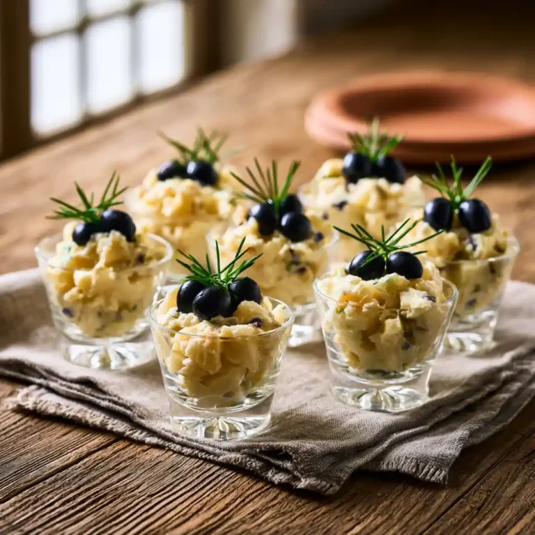 Salade de pomme de terre en verrines décorée d'olives noires et de ciboulette fraîche