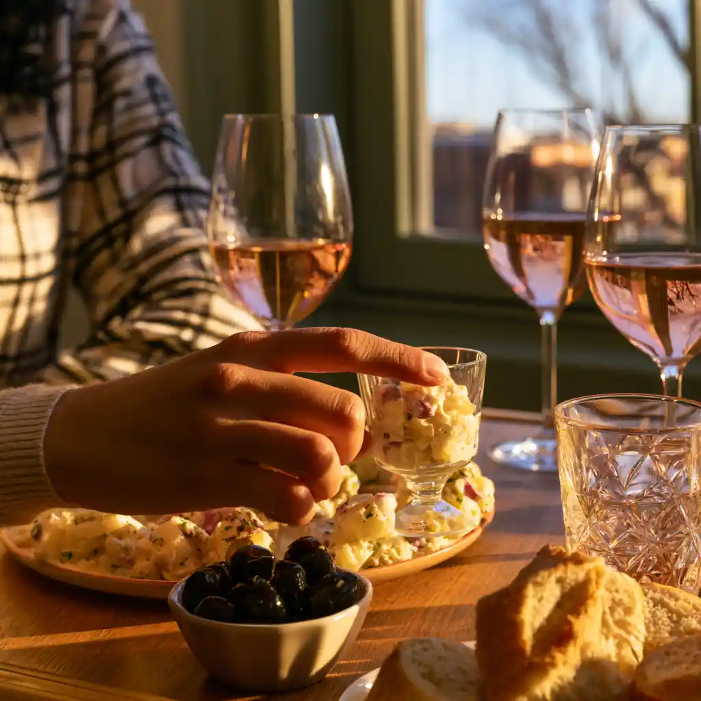 Service apéritif de salade de pomme de terre en verrines sur table conviviale