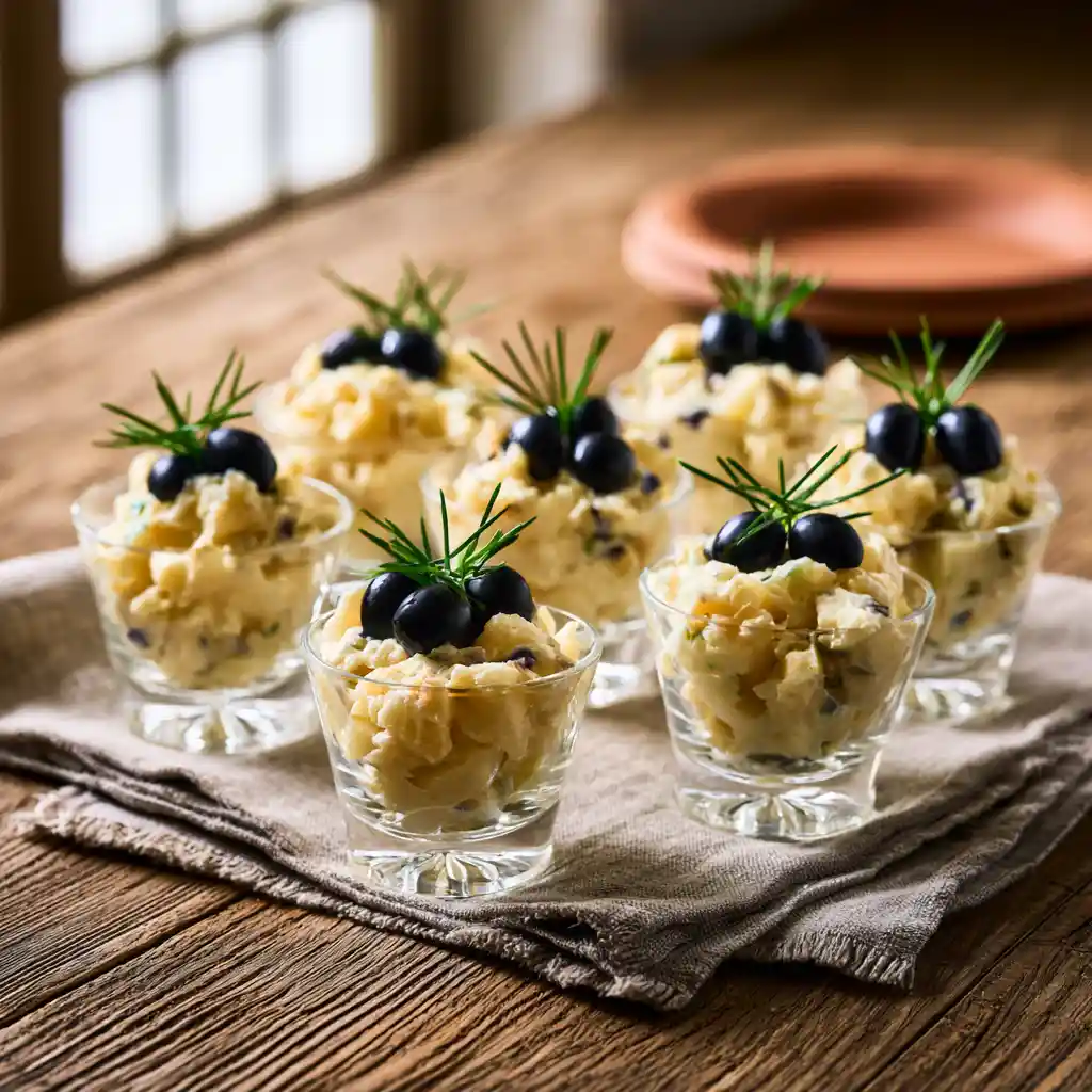 Salade de pomme de terre en verrines décorée d'olives noires et de ciboulette fraîche