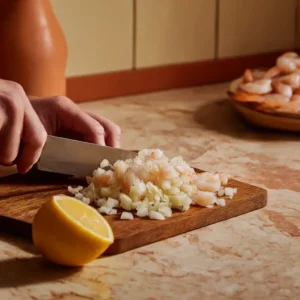 Étape 1 de la salade de crevettes : crevettes roses décortiquées et échalotes hachées sur une planche