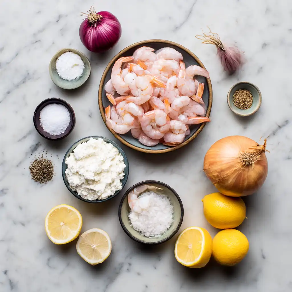 Ingrédients de la salade de crevettes : crevettes roses, fromage blanc, échalotes et citron
