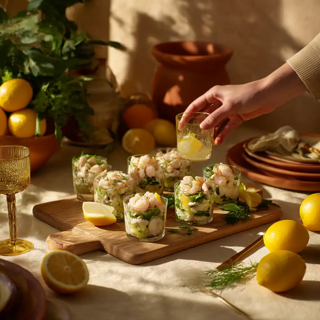Plusieurs verrines de salade de crevettes disposées sur une table d'apéritif méditerranéenne
