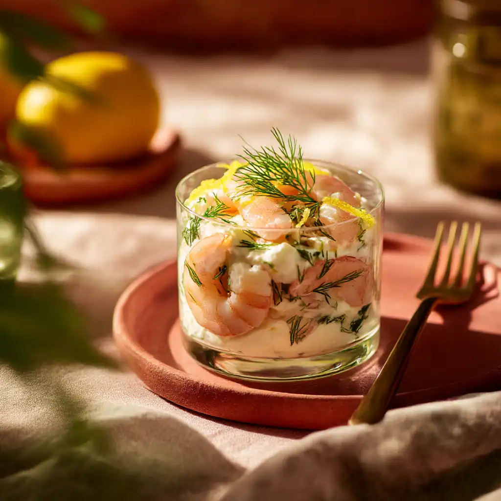 Verrine de salade de crevettes citronnée au fromage blanc, garnie d'aneth et de zeste de citron