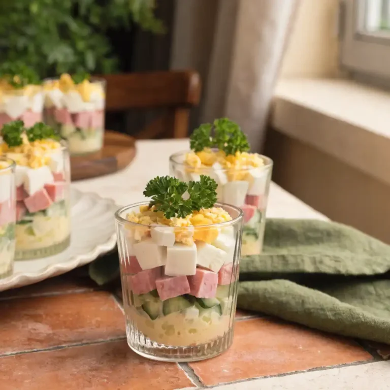 Salade russe en verrines avec couches de concombre, jambon et œufs durs émiettés