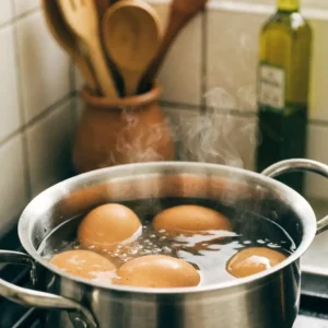 Cuisson des œufs durs dans une casserole, première étape de la salade russe