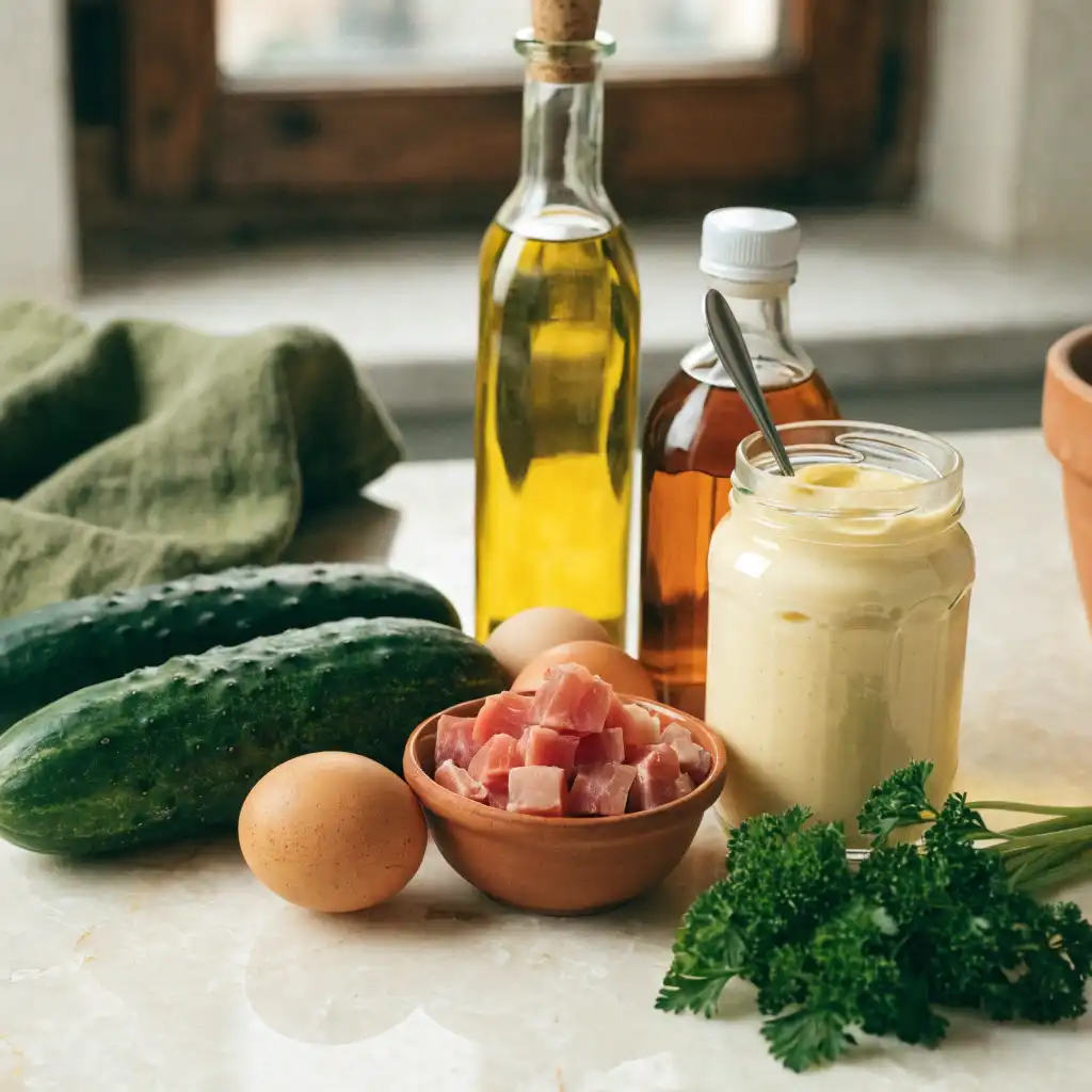 Ingrédients de la salade russe : concombres, œufs, jambon, mayonnaise, huile d'olive et persil