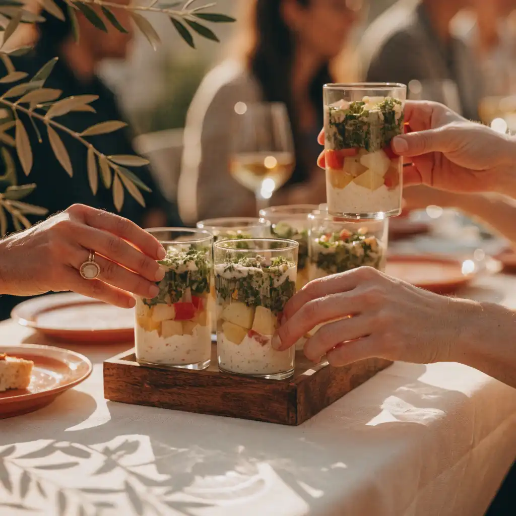 Verrines de salade russe servies sur une table d'apéritif avec invités