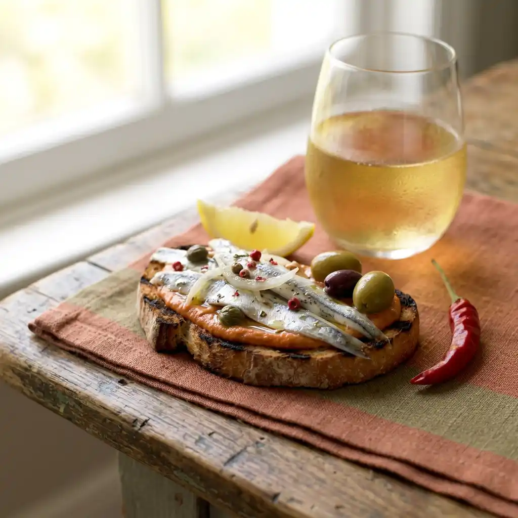 anchois marinés servis sur du pain de campagne grillé à l'heure de l'apéritif