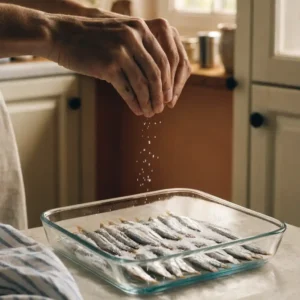 Anchois marinés en préparation, filets d'anchois recouverts de sel fin dans un plat en verre
