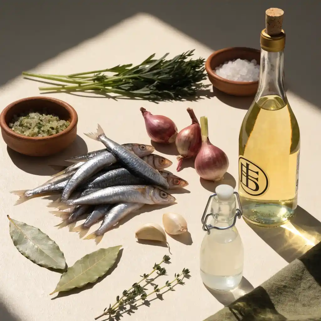 Ingrédients des anchois marinés : anchois frais, échalotes, ail, vin blanc et aromates