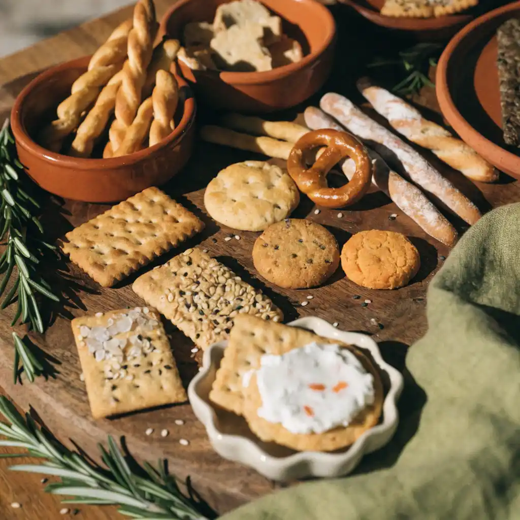 Plateau de biscuits apéro maison variés disposés sur une table en bois