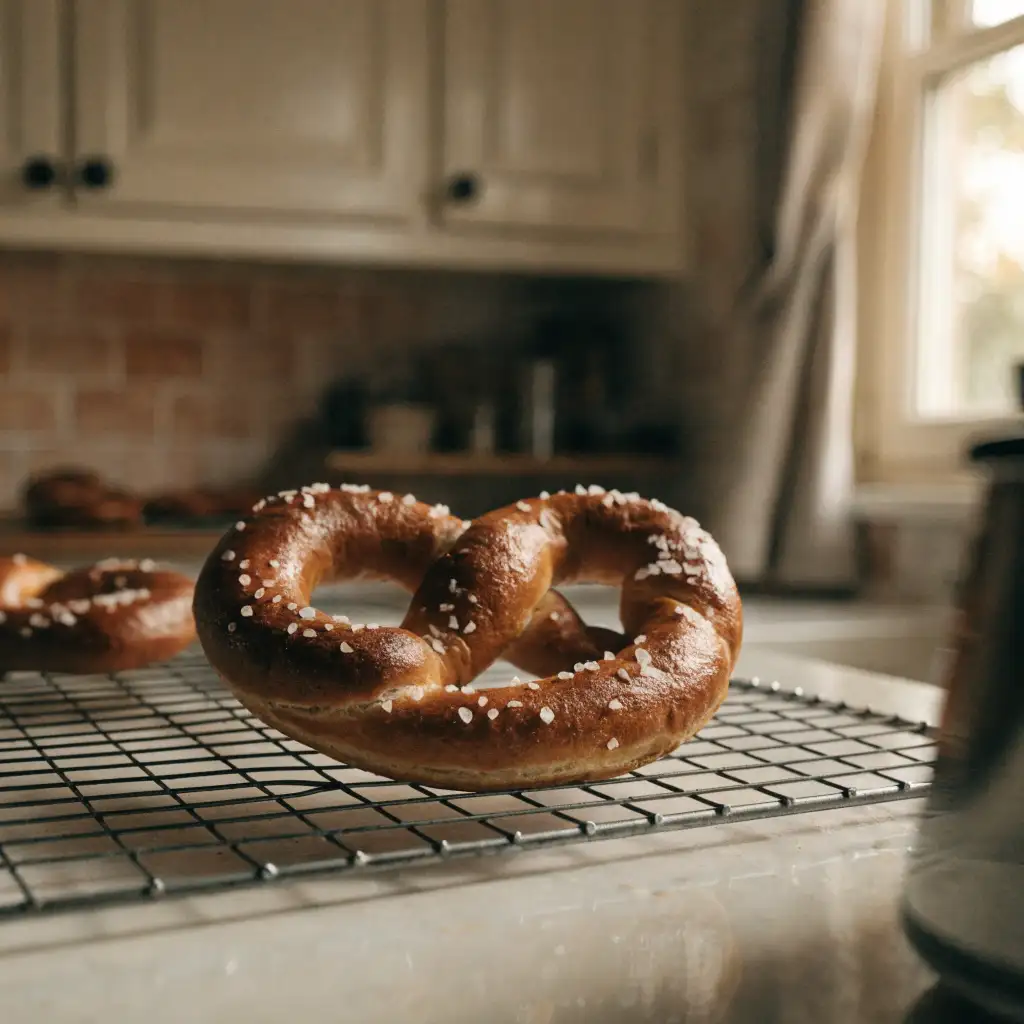 Bretzels maison dorés au gros sel sur une grille de refroidissement