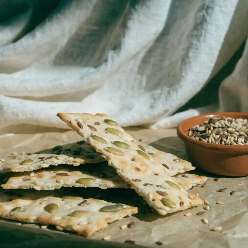 biscuits apéro crackers aux graines croustillants cassés sur une plaque