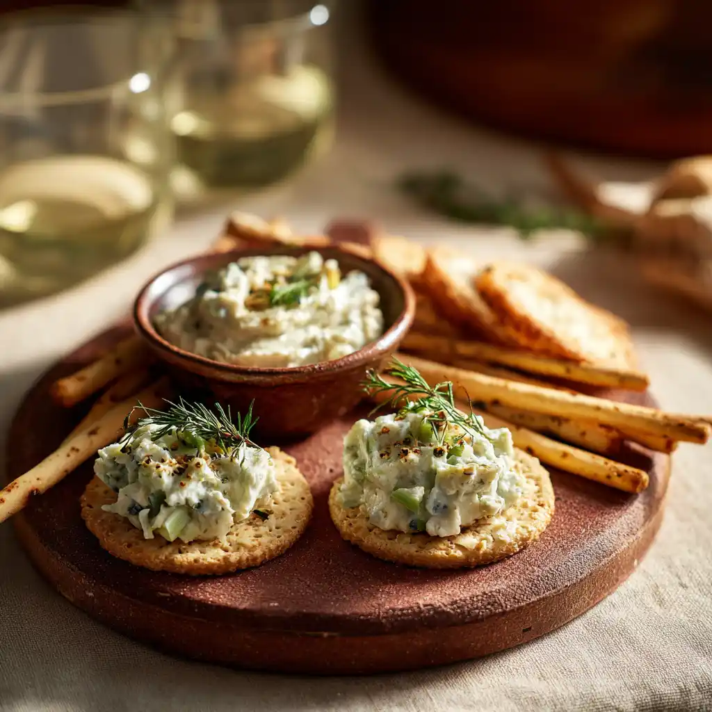 Biscuits apéro crackers garnis d'une tartinade poireaux et Roquefort