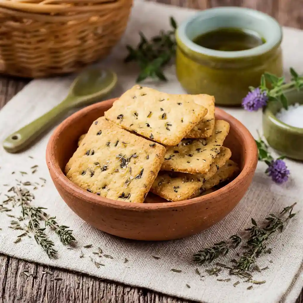 Biscuits apéro aux herbes de Provence empilés dans une coupelle