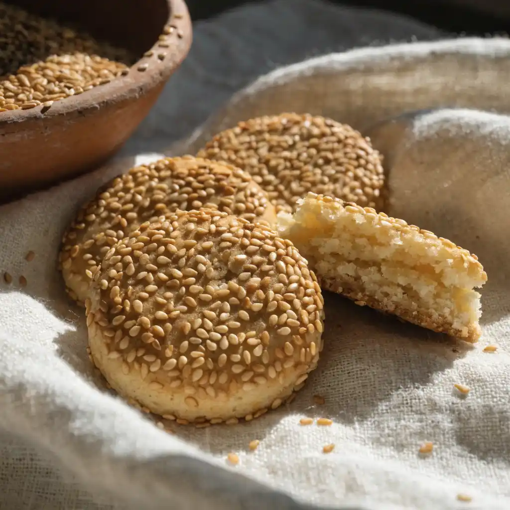 Sablés salés au sésame doré friables posés sur un torchon en lin
