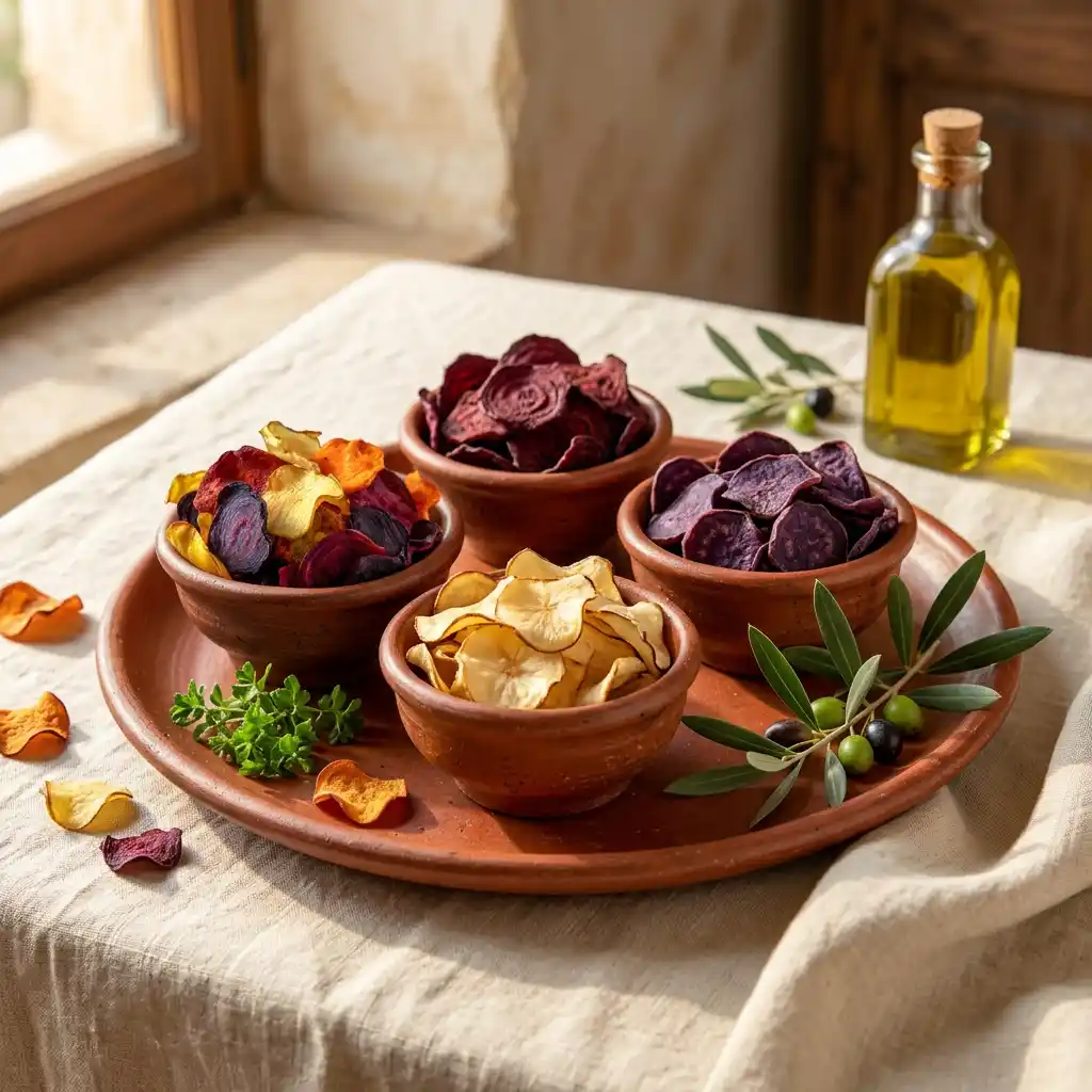 chips maison variées sur plateau apéritif méditerranéen