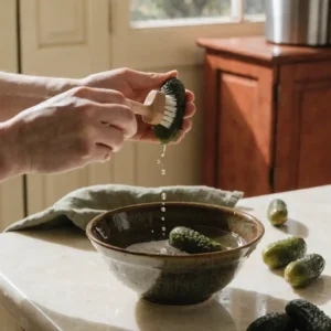 Étape 1 du cornichon au vinaigre : brosser et rincer les cornichons frais