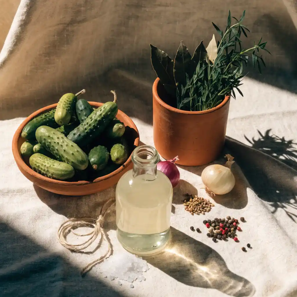 Ingrédients du cornichon au vinaigre : cornichons frais, vinaigre, sel et aromates