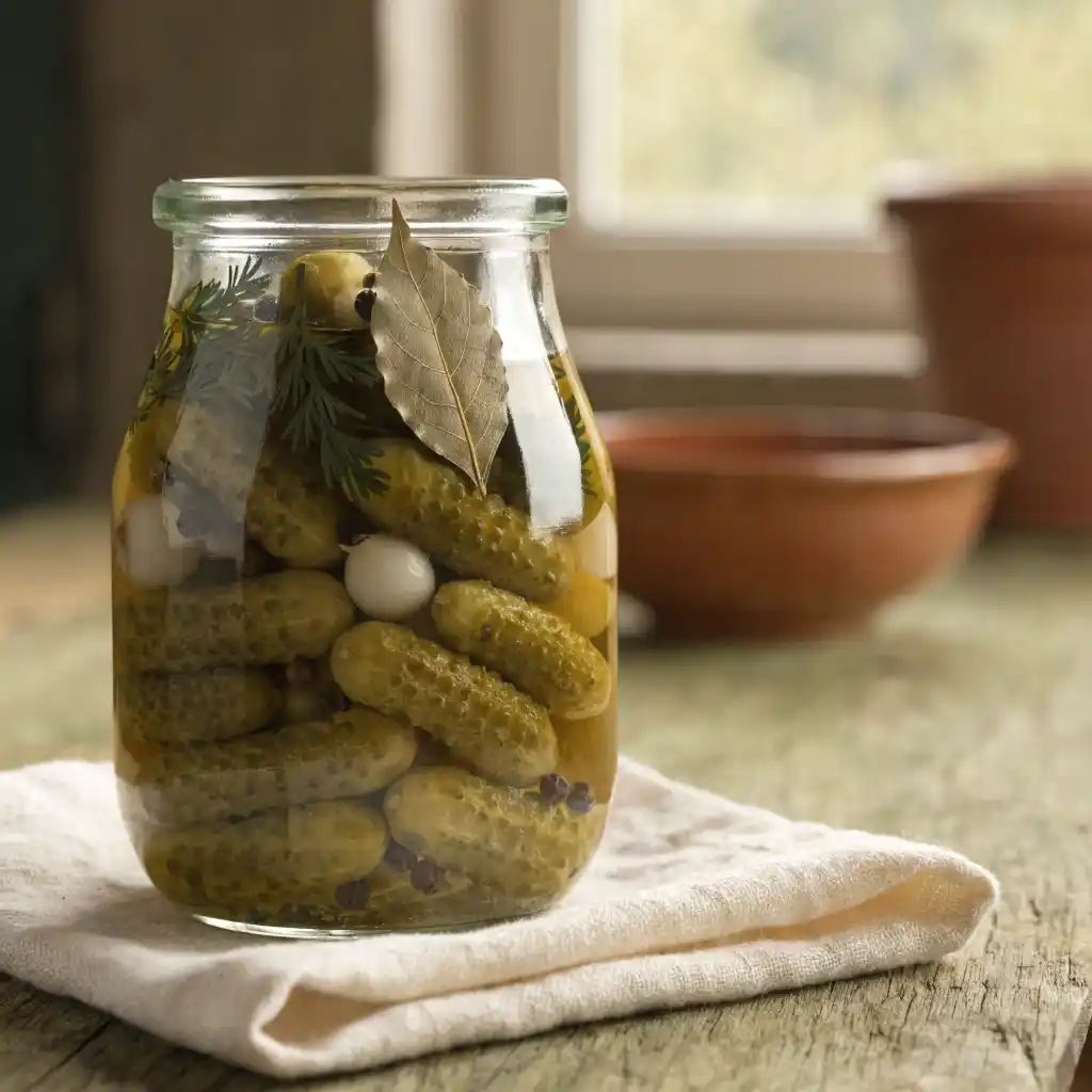 Bocal de cornichon au vinaigre maison avec estragon, laurier et oignons grelots