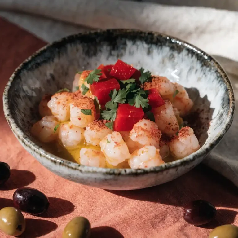 crevettes marinées à l'apéritif servies en tapas dans un bol