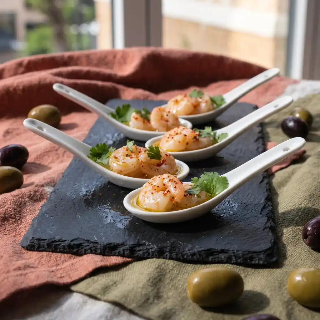Crevettes marinées dressées dans des cuillères apéritives blanches