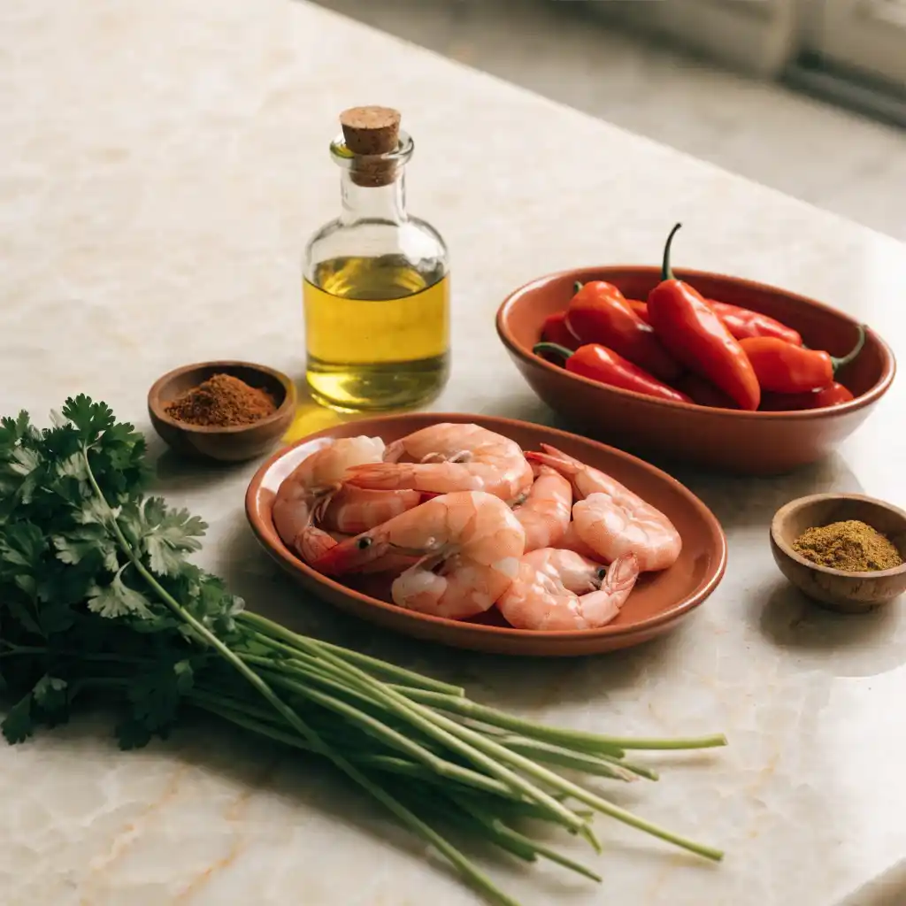 Ingrédients des crevettes marinées : crevettes, huile d'olive et épices
