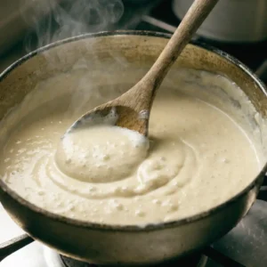 Étape des croquetas de jambon : béchamel ferme préparée en casserole