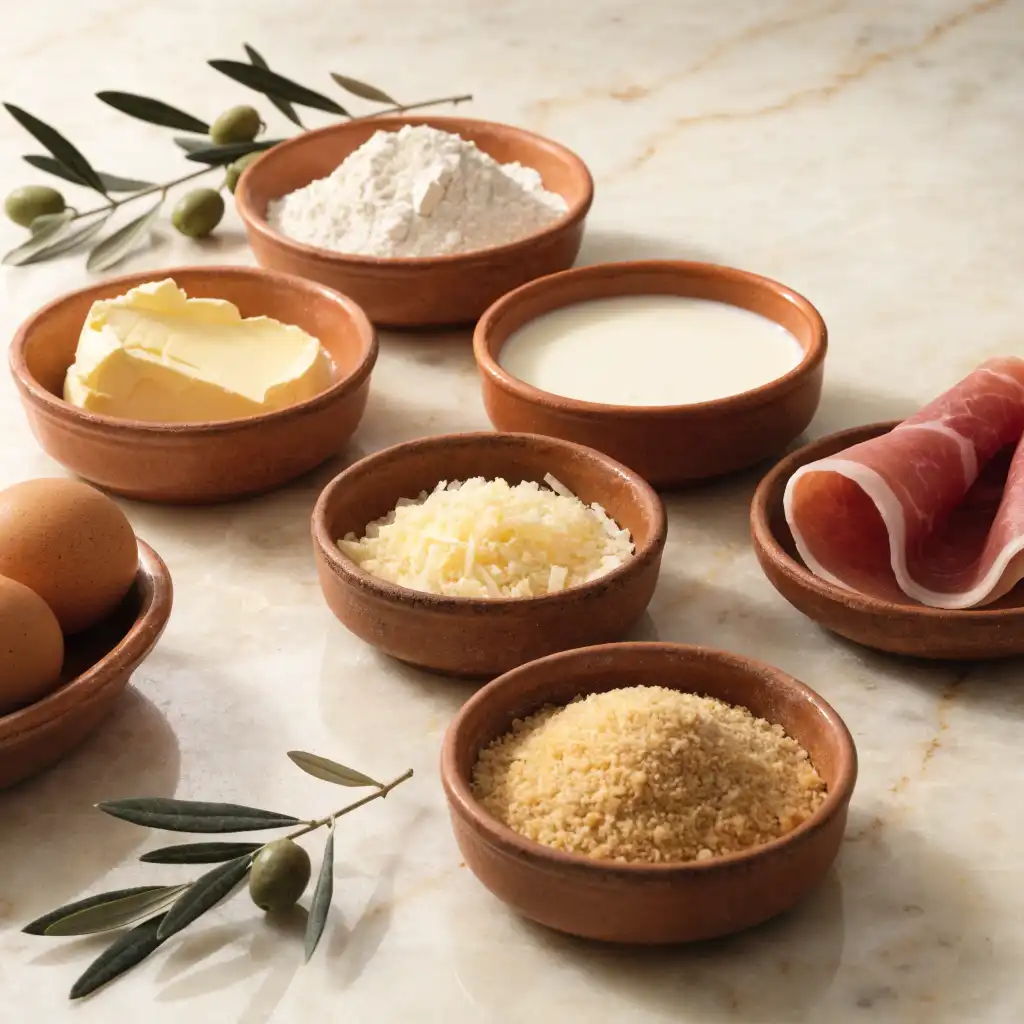 Ingrédients des croquetas de jambon : fromage, jambon Serrano et béchamel