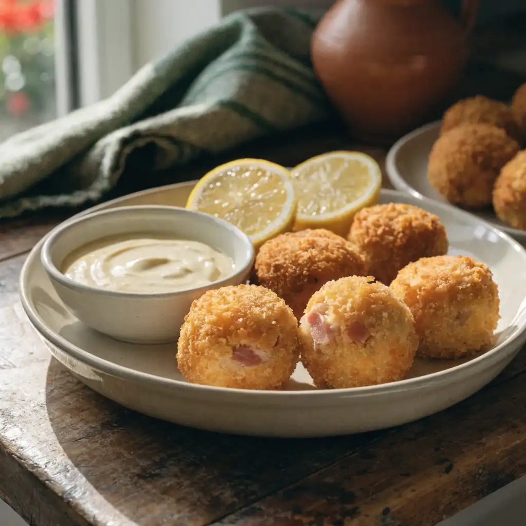 croquetas de jambon servies dans un plat avec quartiers de citron et sauce