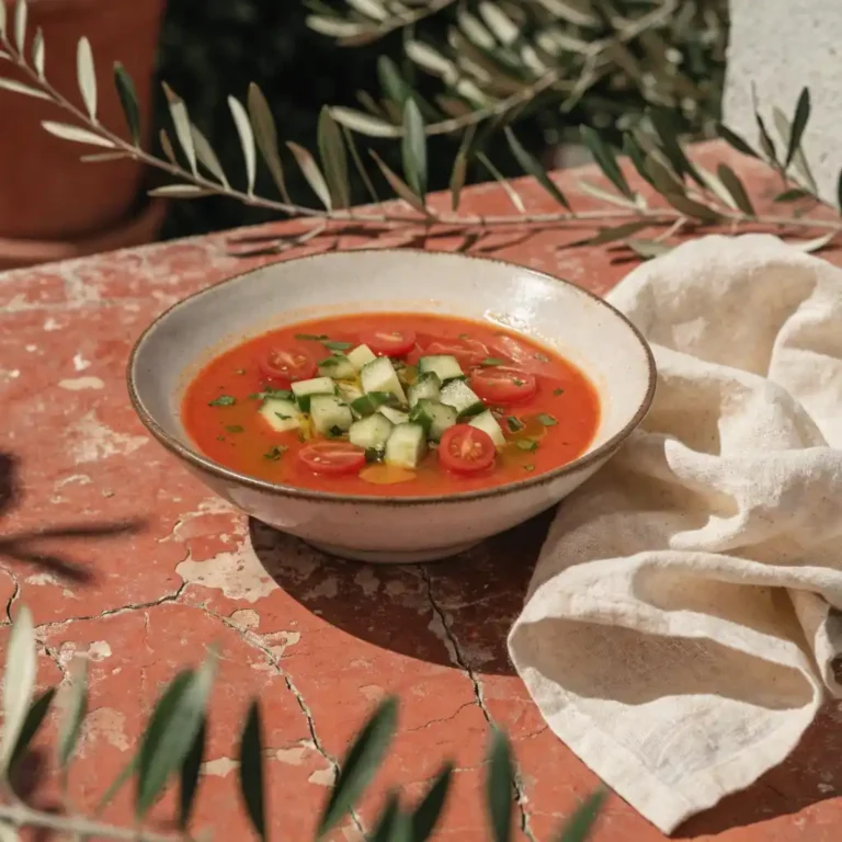 gaspacho de tomates​ servi dans un bol blanc avec filet d'huile d'olive et dés de concombre