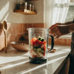 Préparation du gaspacho de tomates : légumes réunis dans le bol du mixeur avant mixage