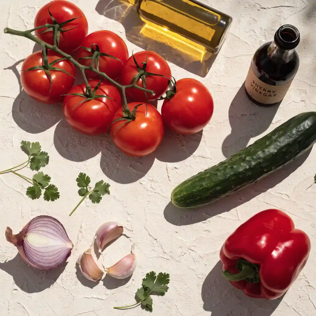 Ingrédients frais du gaspacho de tomates : tomates mûres, concombre, poivron, ail et coriandre