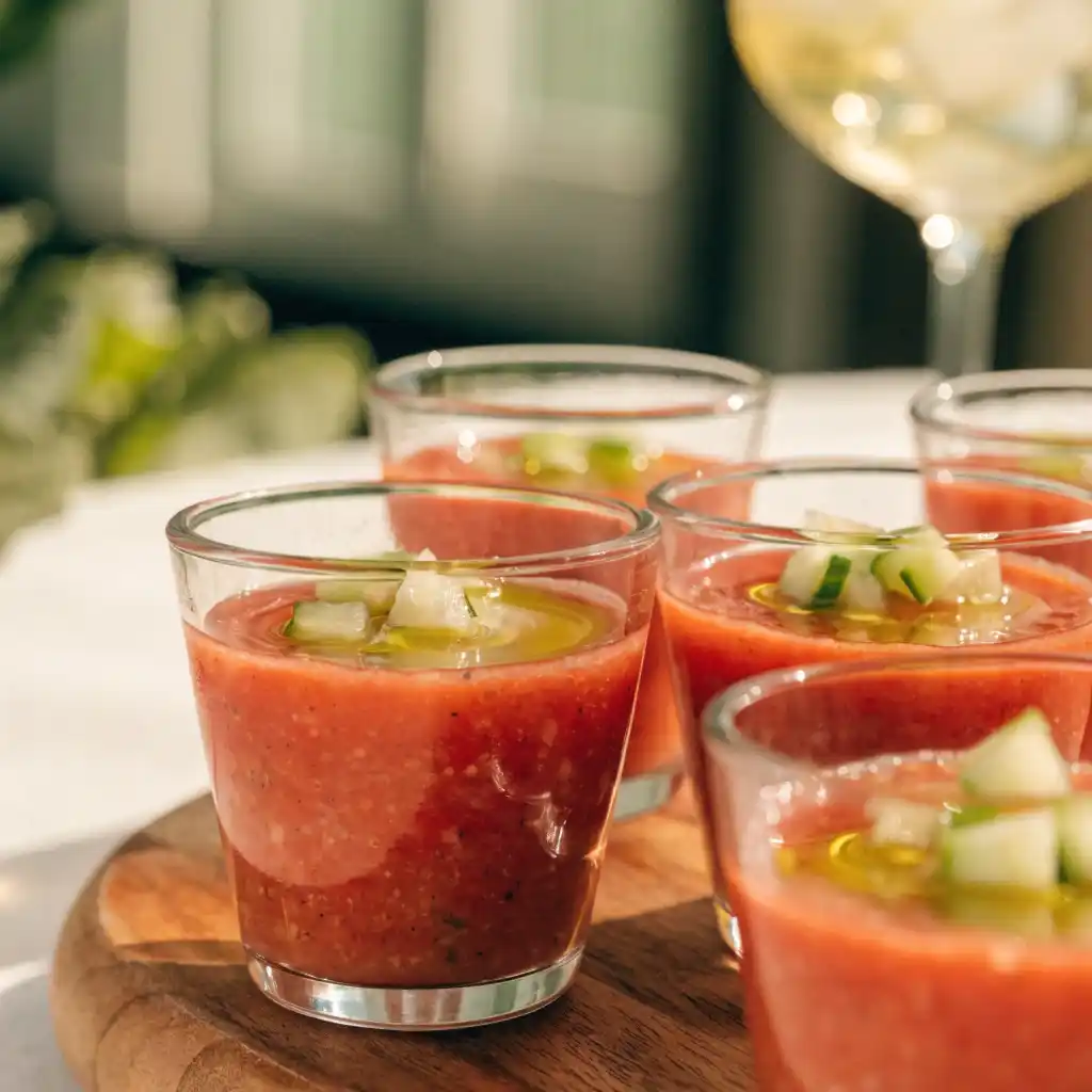 Gaspacho de tomates présenté en petites verrines pour un apéritif convivial