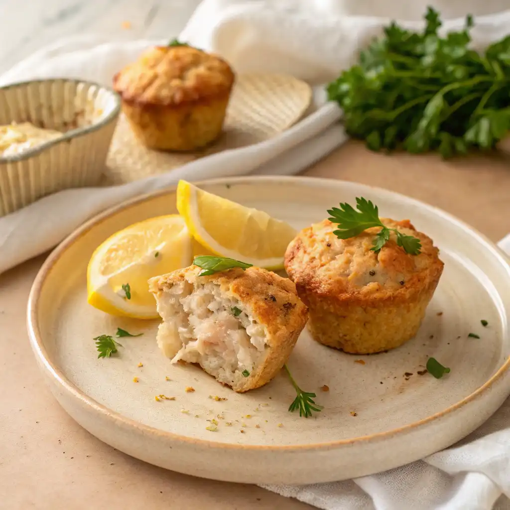 Muffins salés au thon moelleux servis sur une assiette en céramique crème