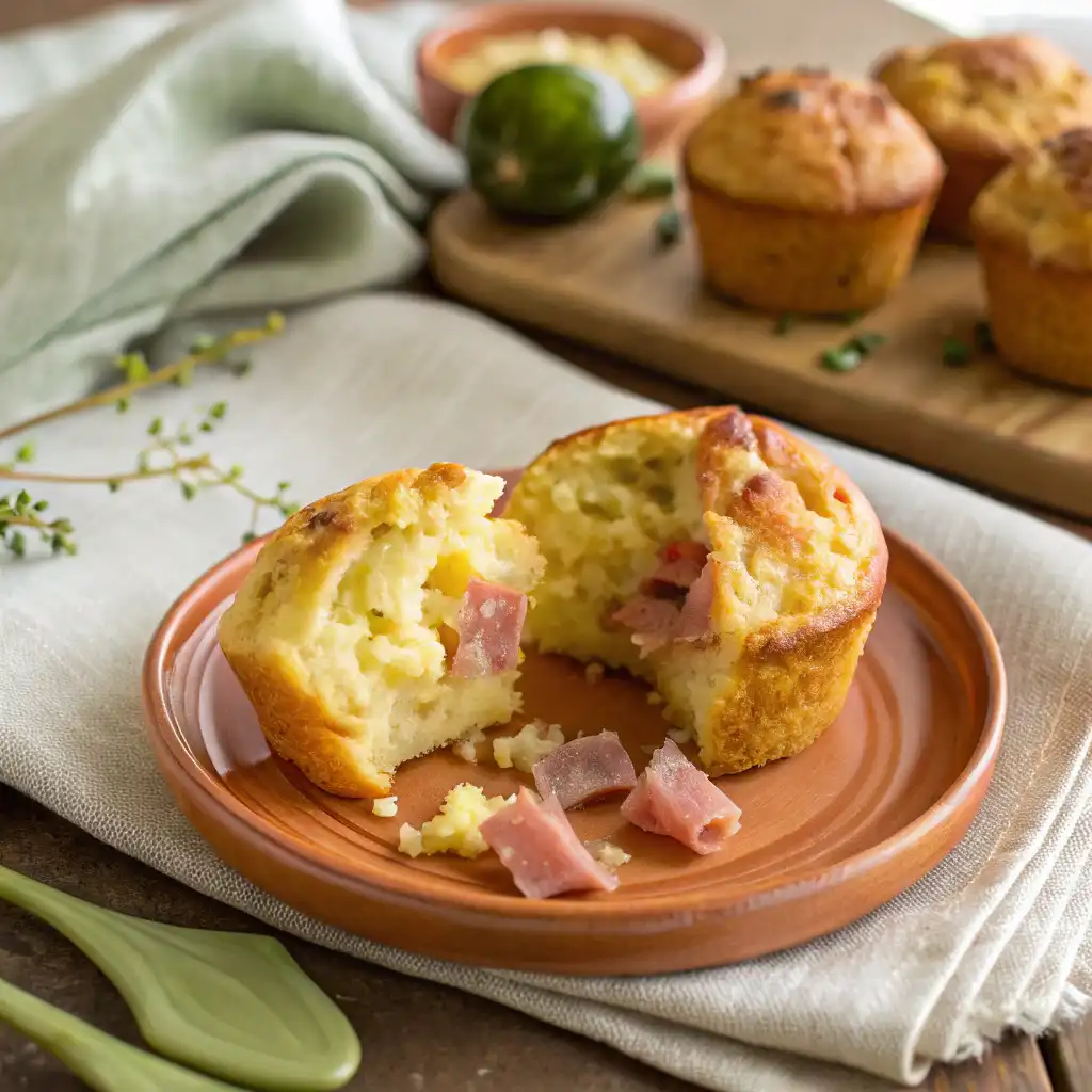 Muffins salés au jambon et fromage coupés, garniture fondante