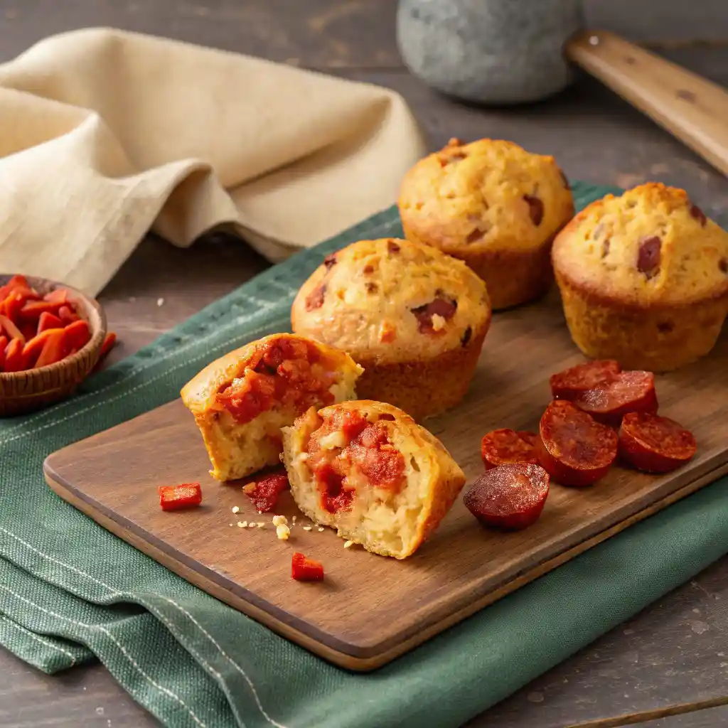 Muffins salés au chorizo moelleux garnis de dés de chorizo rouge