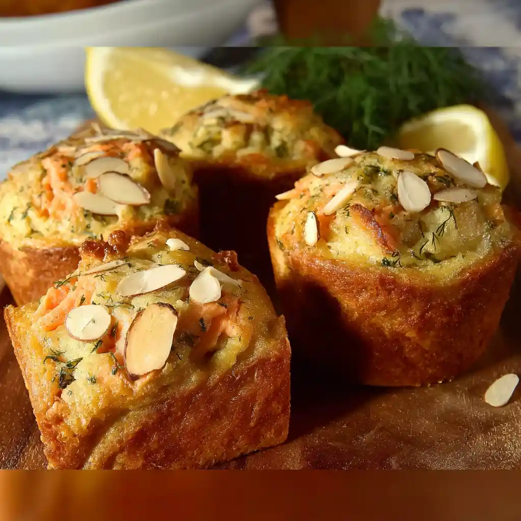 Muffins salés au saumon fumé dressés avec aneth frais et citron