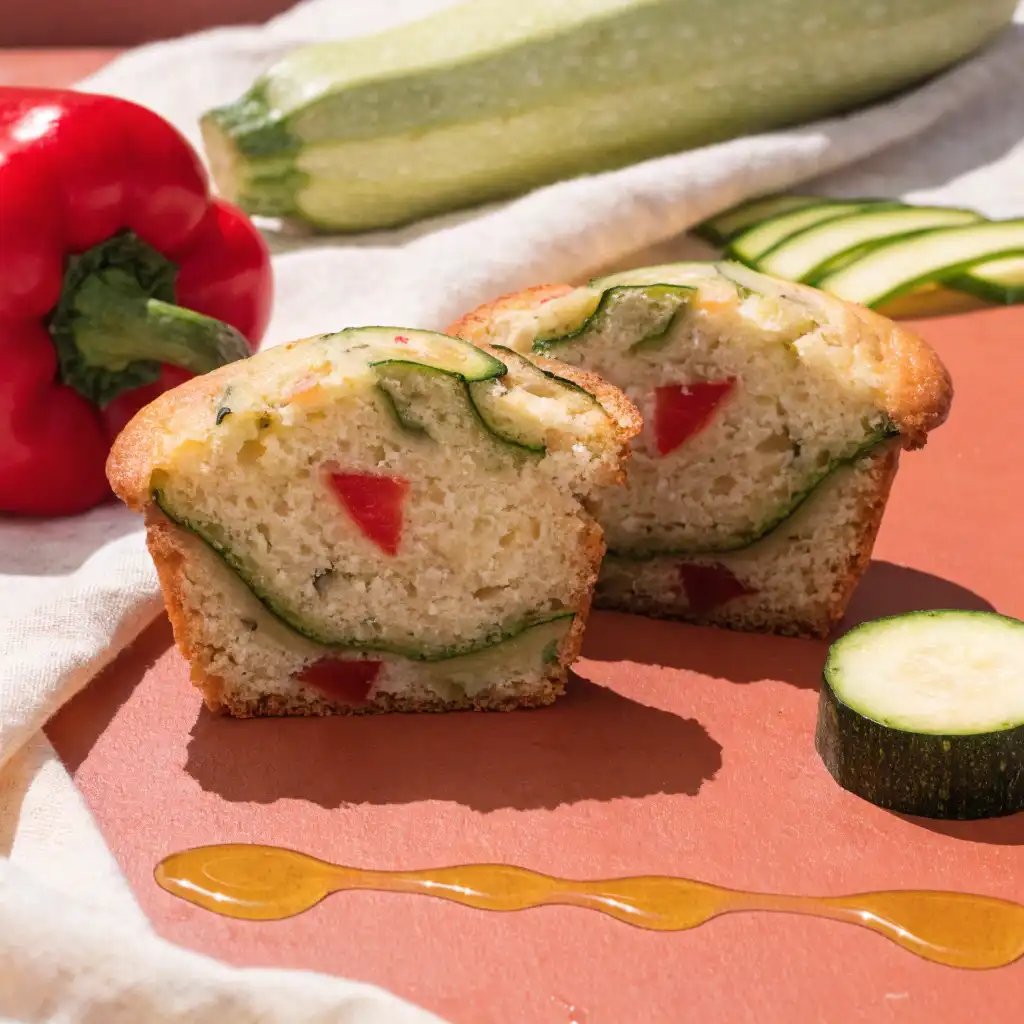 Muffins aux légumes colorés coupés en deux avec courgettes et poivrons