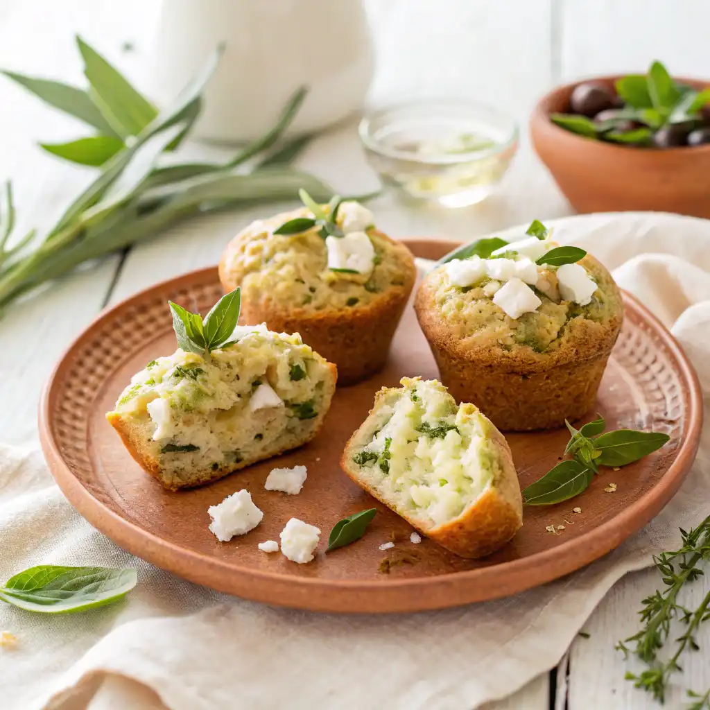 Muffins salés aux courgettes et à la feta avec cubes de feta visibles