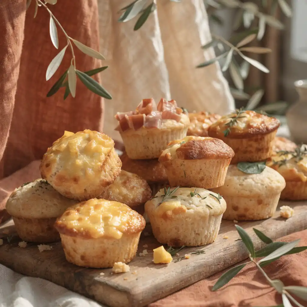 Assortiment de muffins salés dorés du Chef Benoît Lambert sur une planche en bois